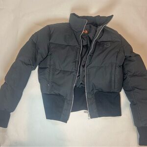 Y-3 Black Cropped Puffer Jacket with Ribbed Cuffs. M